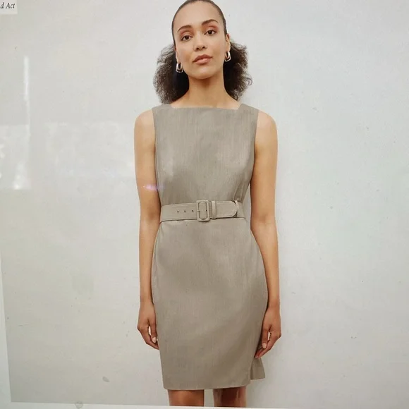 MM Lafleur Tan Sheath Dress Long Sleeve Crew Neck Work - Picture 2 of 10